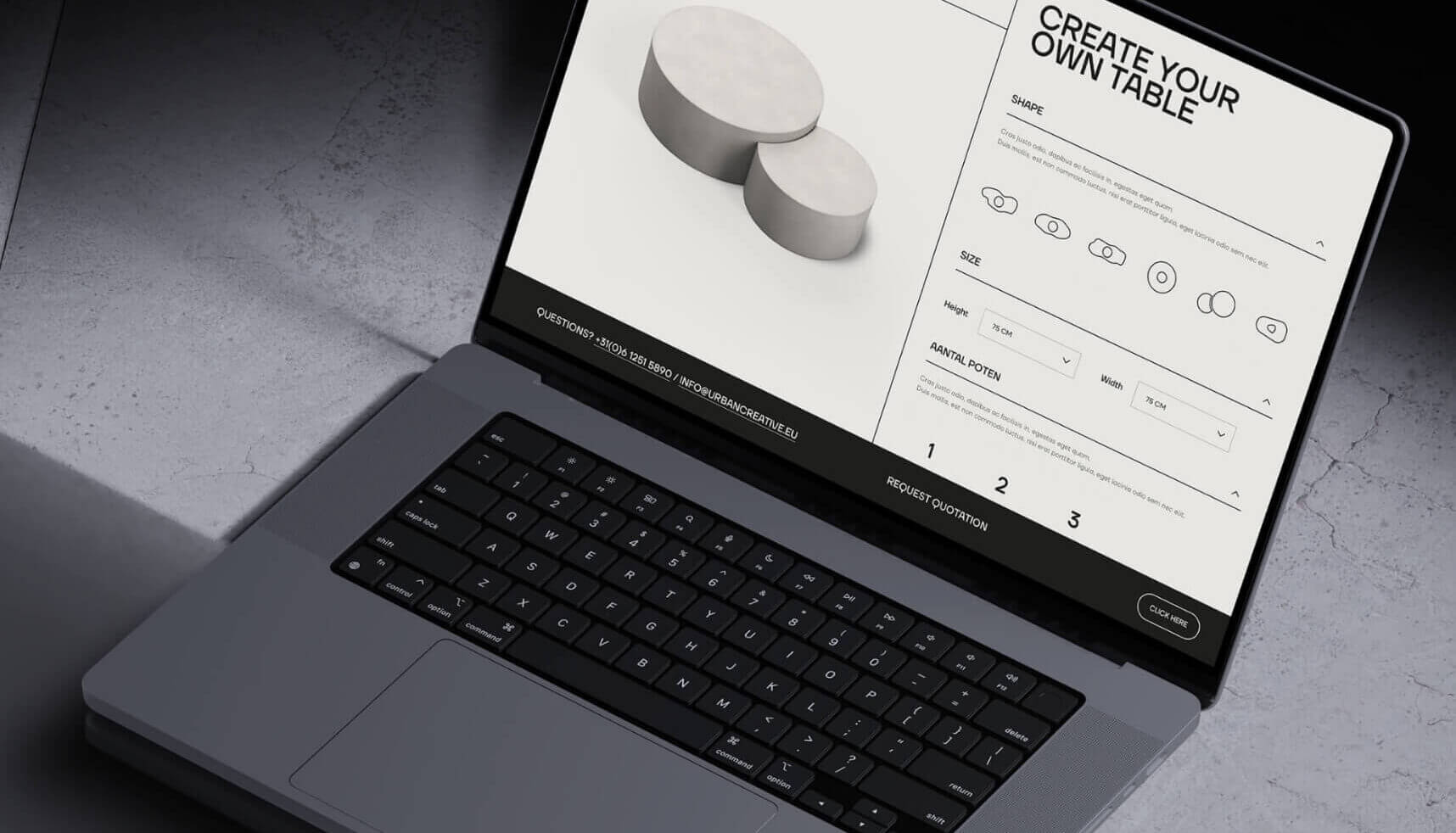 Laptop met een site voor het ontwerpen van minimalistische, ronde tafels op maat.