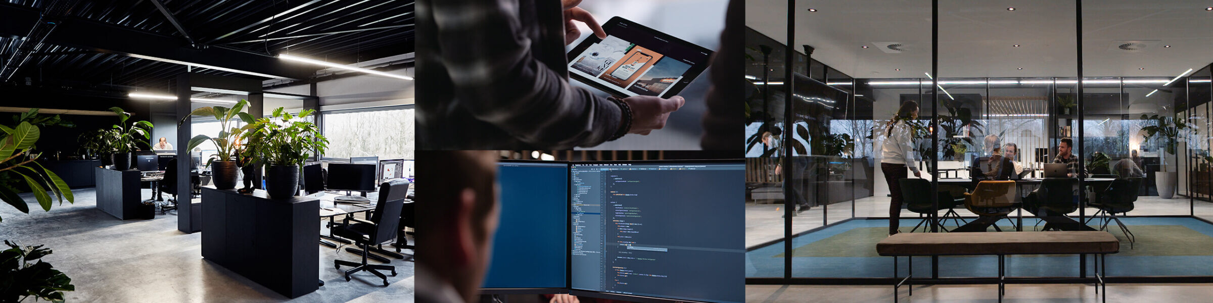 Strak kantoor: open werkplekken, tabletgebruik, teamvergadering in glazen vergaderruimte.
