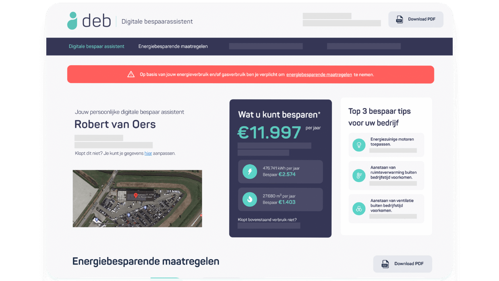 Schermafbeelding van het dashboard: gegevens over energiebesparing + satellietkaartweergave.