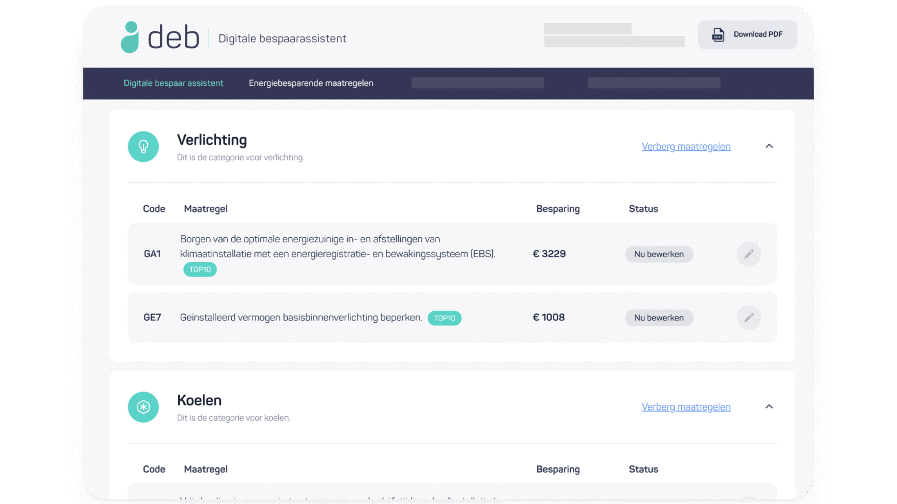 Schermafbeelding van webpagina: Tips voor energiebesparing met beschrijvingen, codes en geschatte besparingen.