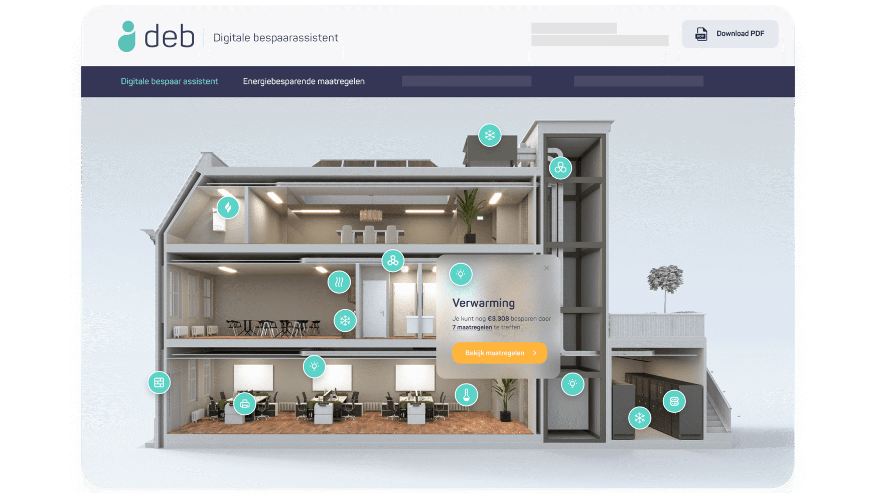 3D-gebouwaanzicht met energiebesparende tips voor elke verdieping en elk apparaat.