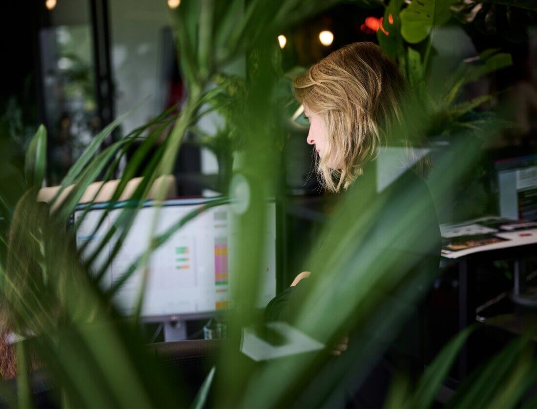 Een persoon typt achter een computer, omringd door weelderige kamerplanten.