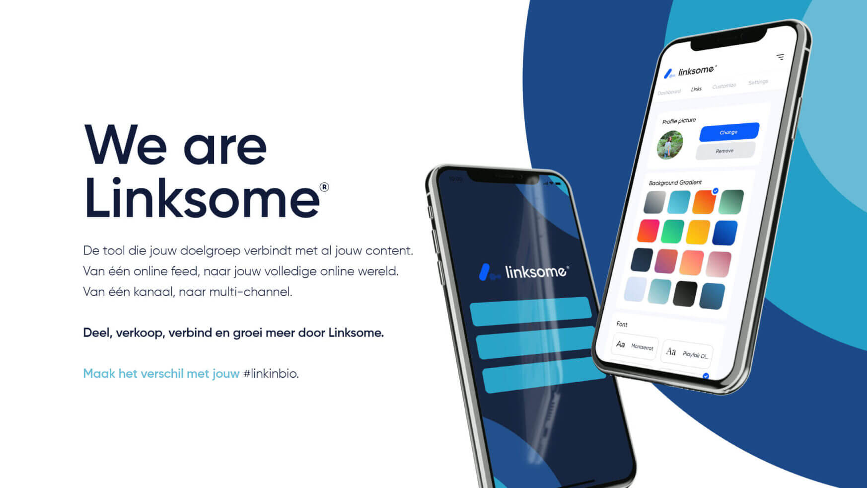 Twee smartphones met de Linksome-app, met in het blauw de tekst 'We are Linksome'.