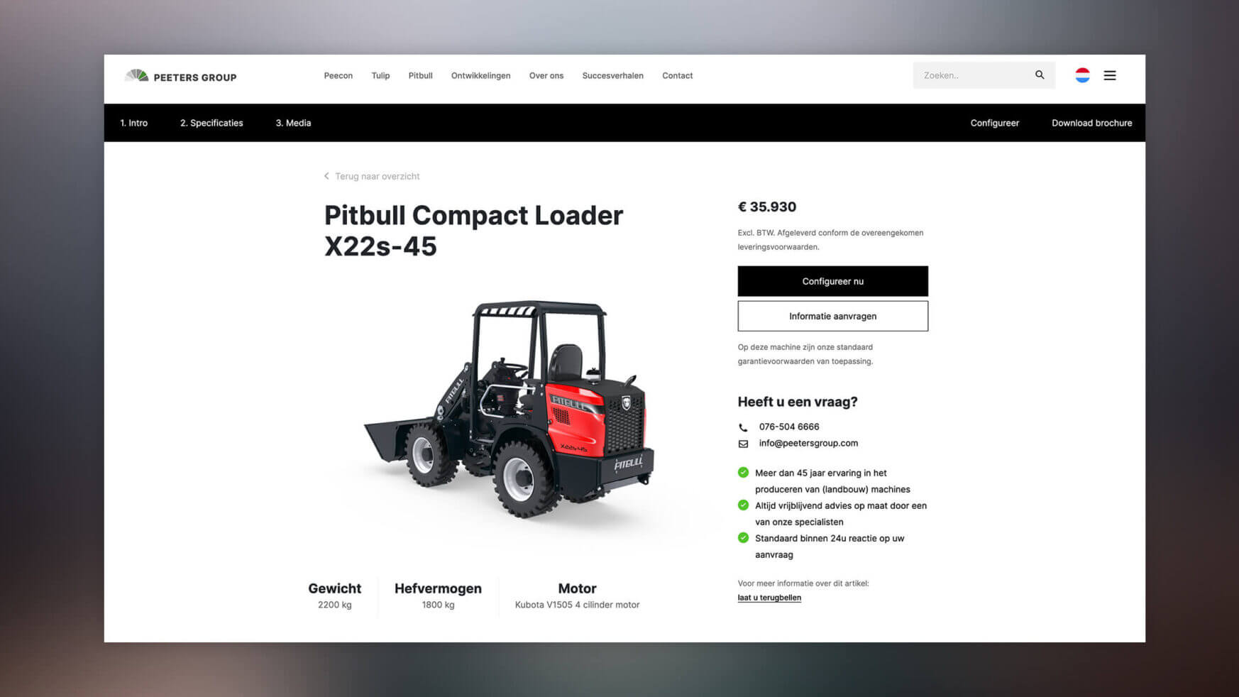 Bekijk op onze website de X22s-45 Pitbull Loader van Peeters Group: specificaties en een concurrerende prijs van € 35.890,-.