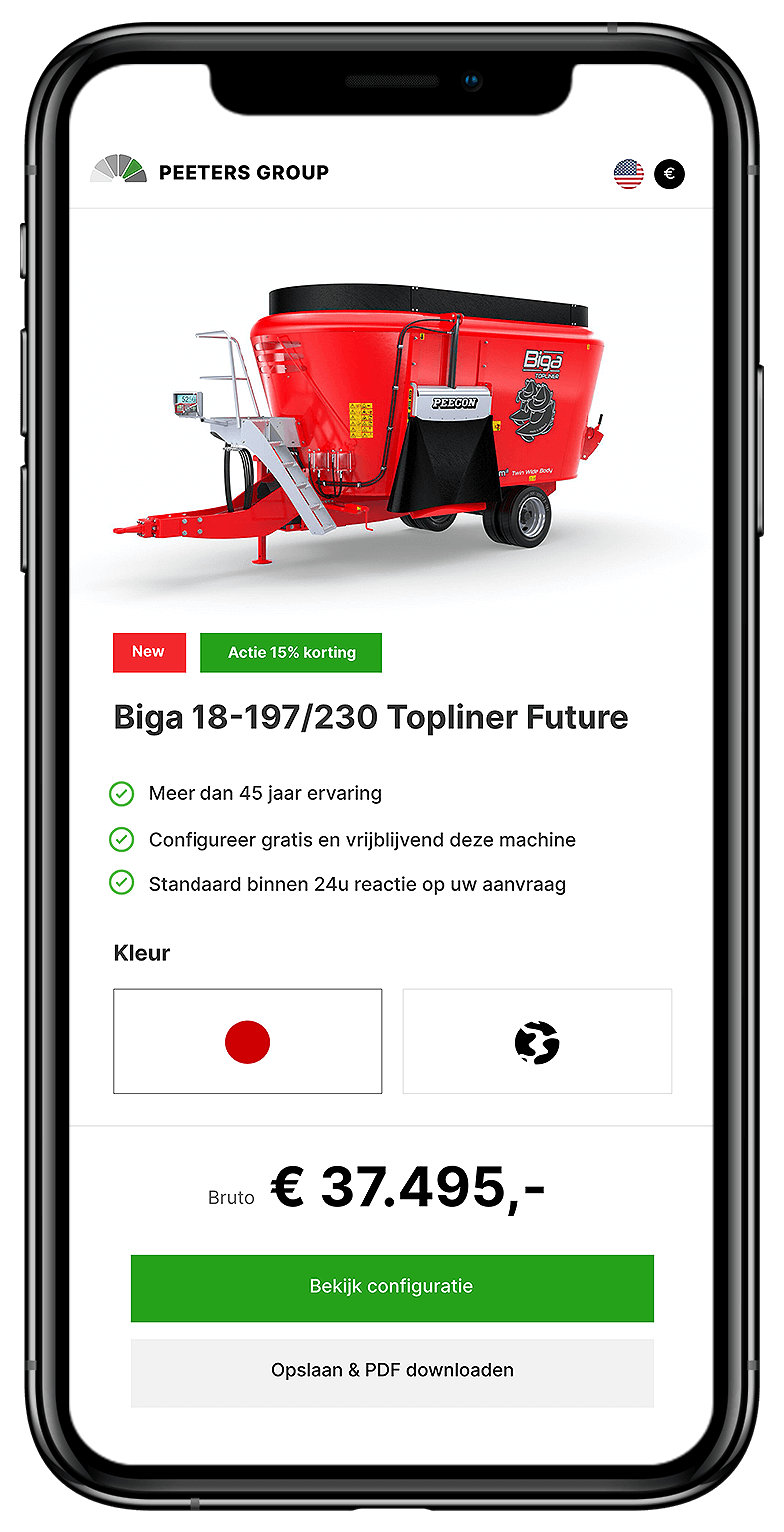 Peeters Group presenteert op de verkooppagina voor smartphones een opvallende rode Biga-mixer met prijzen en aanpassingsopties.