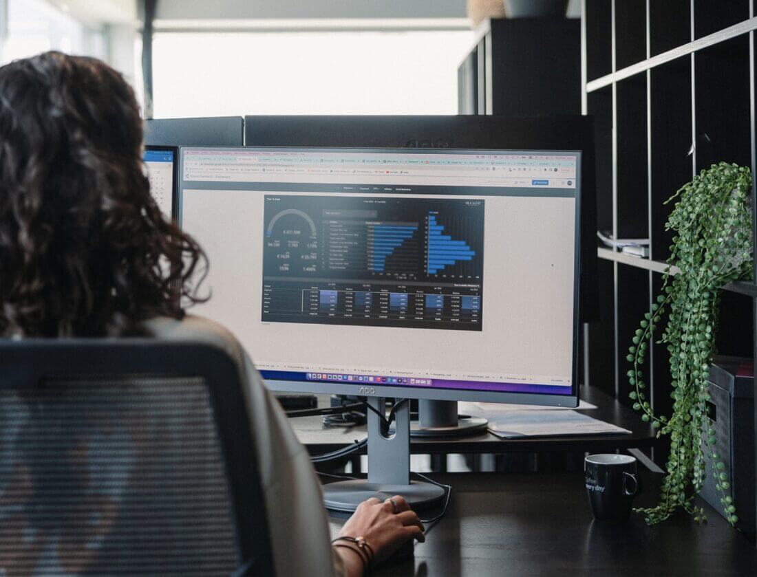 Bureauopstelling: Persoon analyseert datagrafieken op een computer, plant siert de plank.