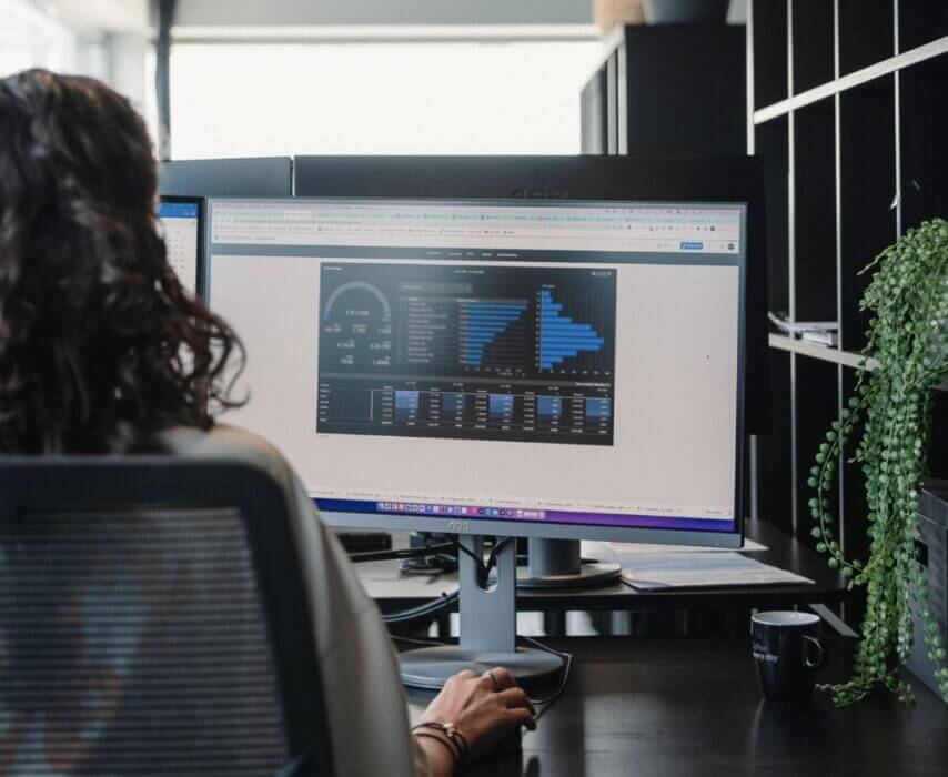 Bureauopstelling: Persoon analyseert datagrafieken op een computer, plant siert de plank.