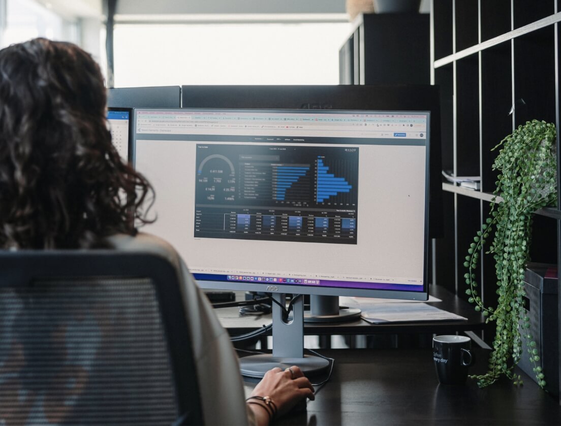 Bureauopstelling: Persoon analyseert datagrafieken op een computer, plant siert de plank.