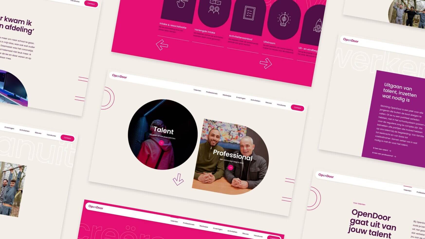 Opvallende roze/witte tijdschriftopmaak met cirkelvormige afbeeldingen en Nederlandse tekst over talent, door Stichting OpenDoor.