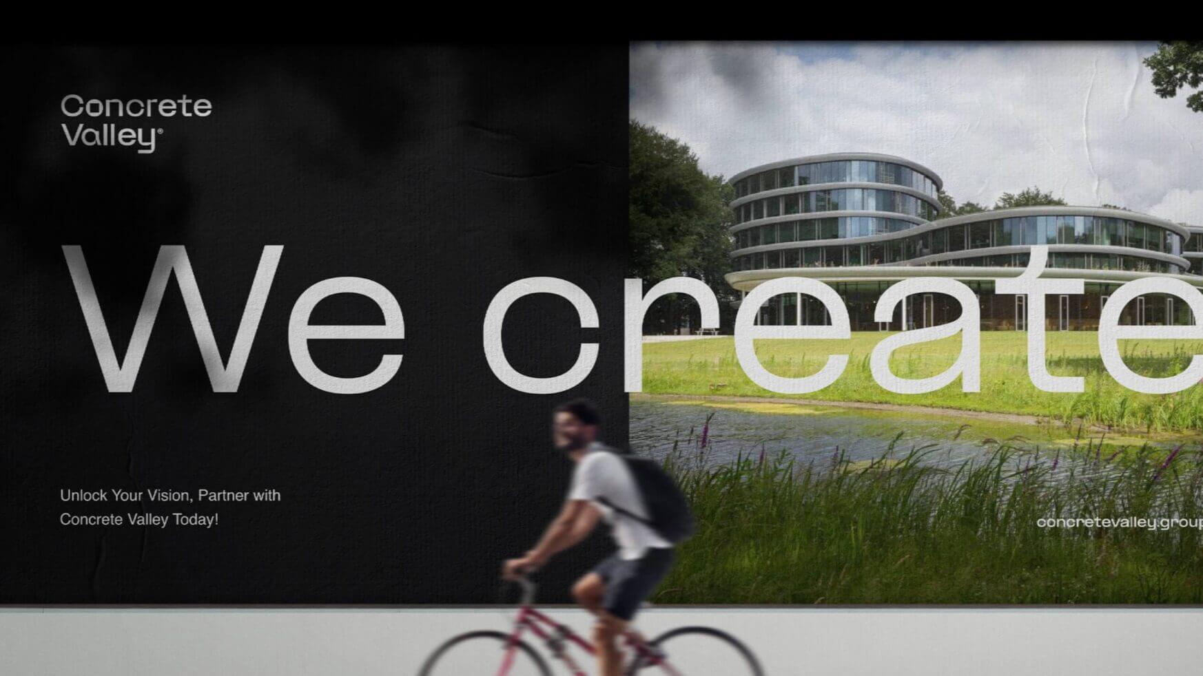 Advertentie van Concrete Valley: "Wij creëren tekst." Fietser rijdt voorbij, rond gebouw op de achtergrond.