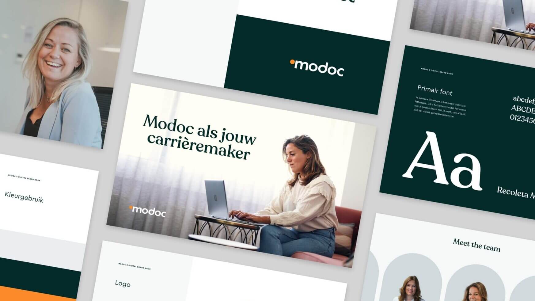Brandingcollage: vrouw op laptop, tekst 'Modoc als jouw carrièremaker' en logo's.