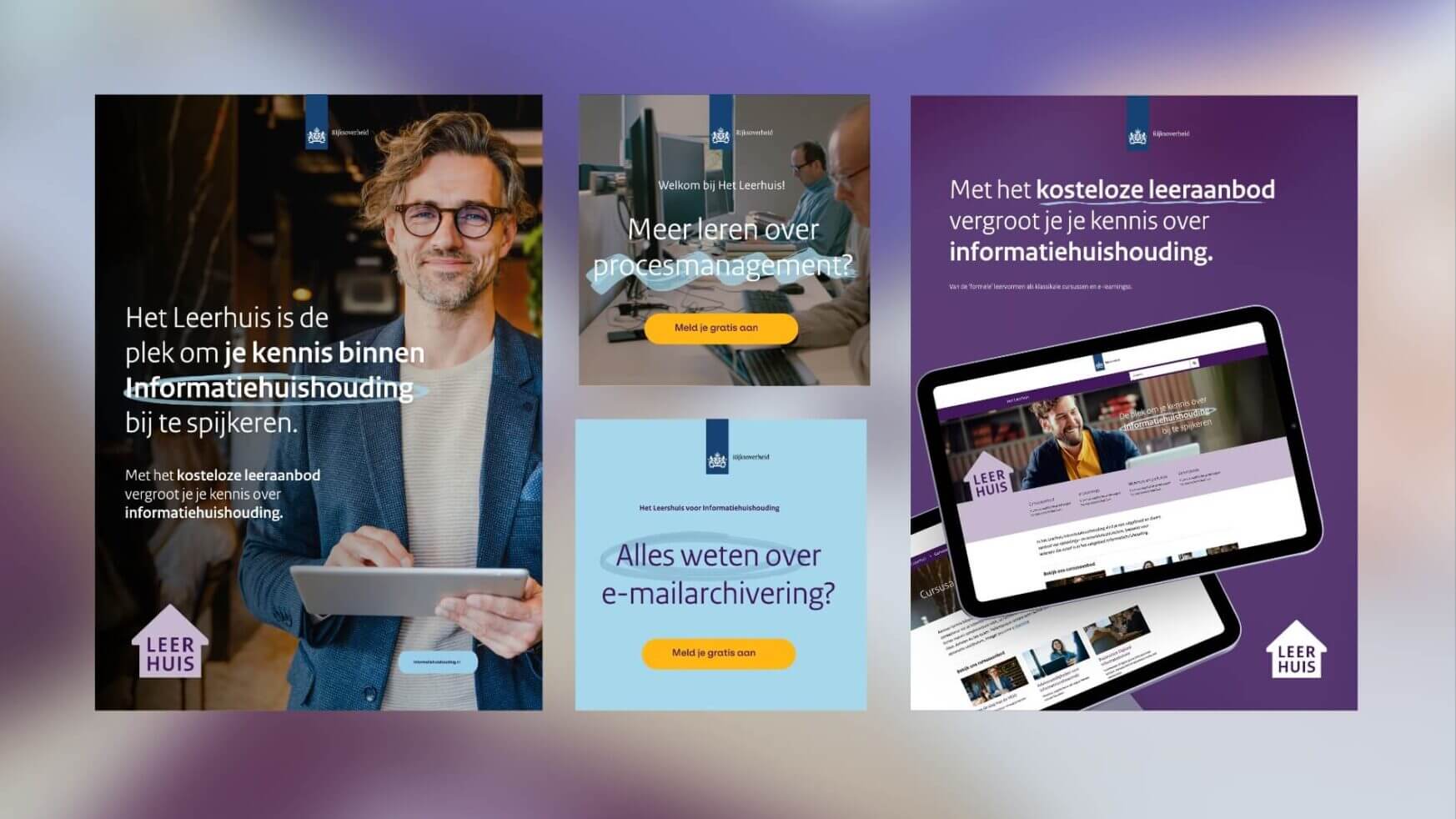 Een collage van educatieve advertenties in het Nederlands toont een persoon met een tablet en verschillende digitale apparaten waarop content wordt getoond.