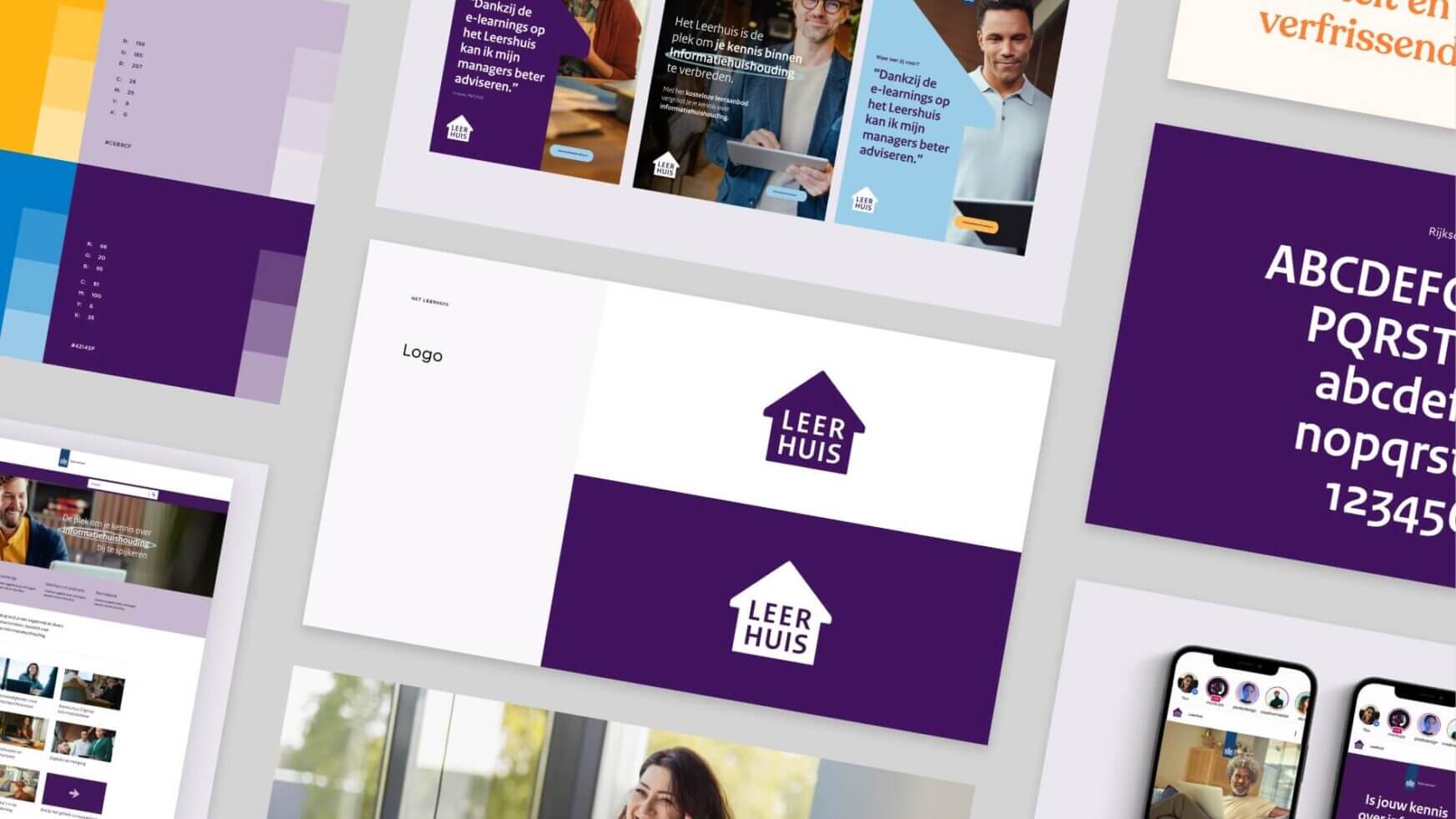 Branding: LEER HUIS, logo van het paarse huis, inclusief tekst, afbeeldingen en digitale mockups.