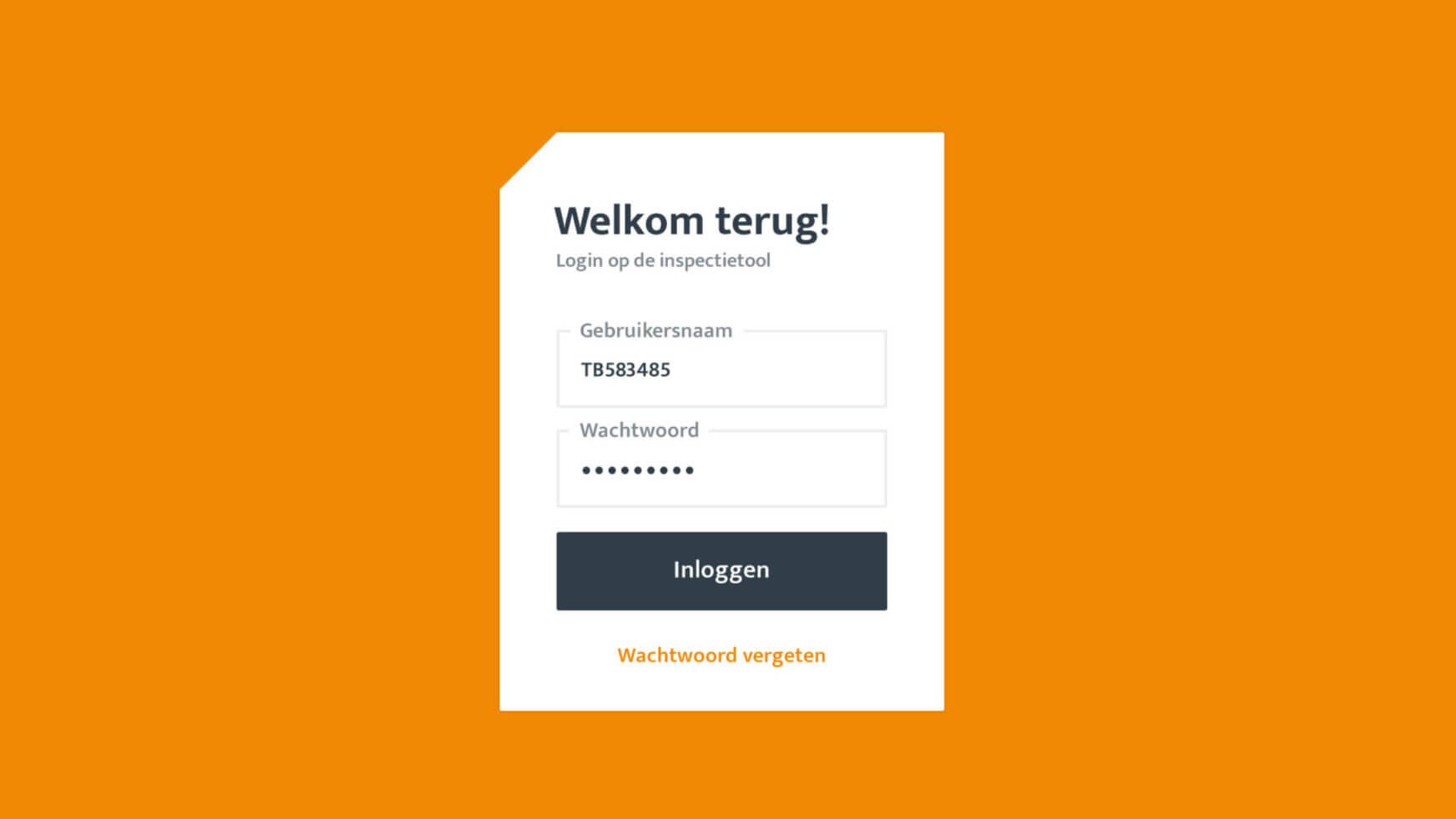 Het inlogscherm van TB Expertise Nederland is feloranje en bevat velden voor gebruikersnaam en wachtwoord.