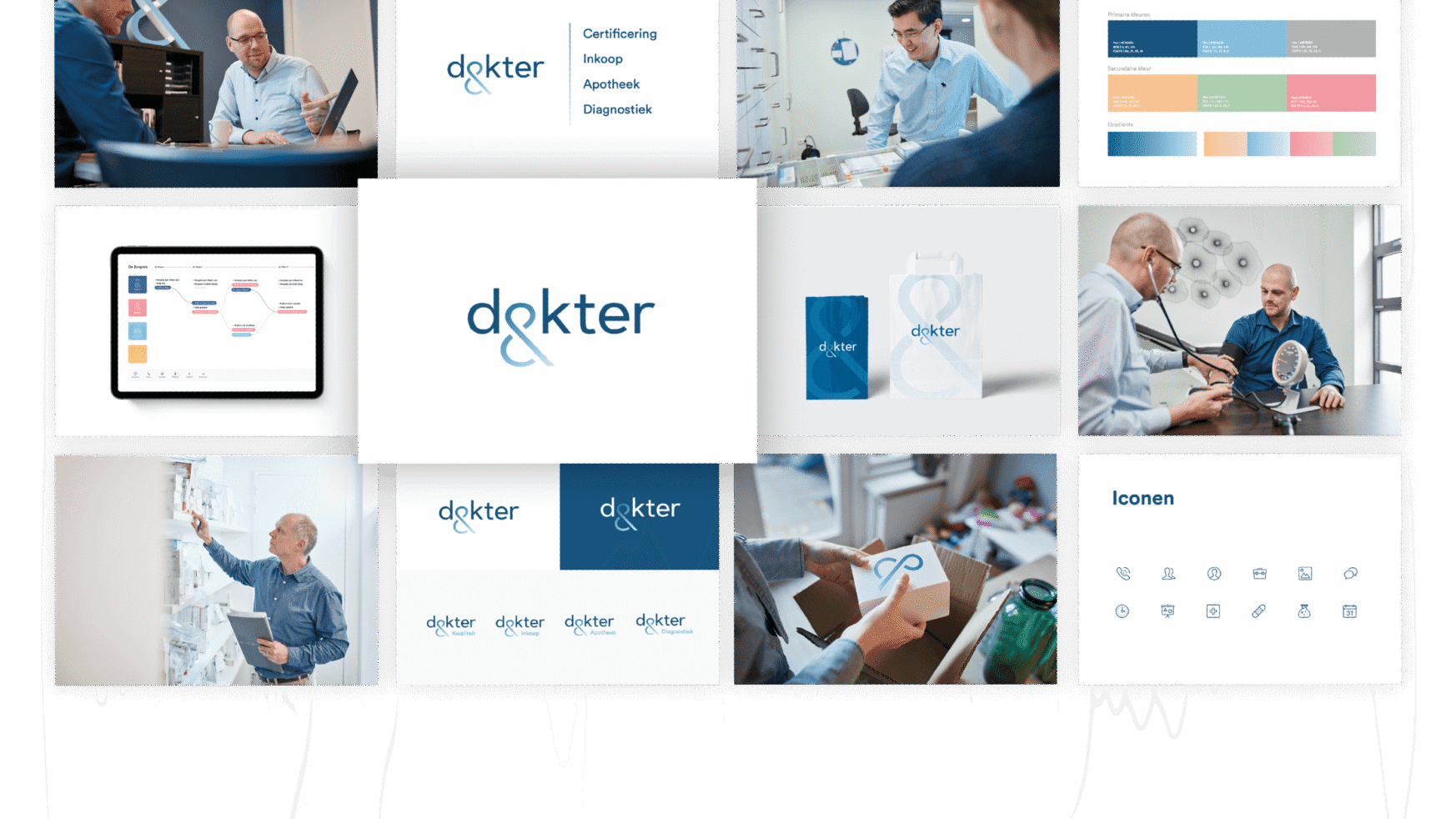 Dokter-merkraster: medische kleurenpaletten, pictogrammen en afbeeldingen van personeel.