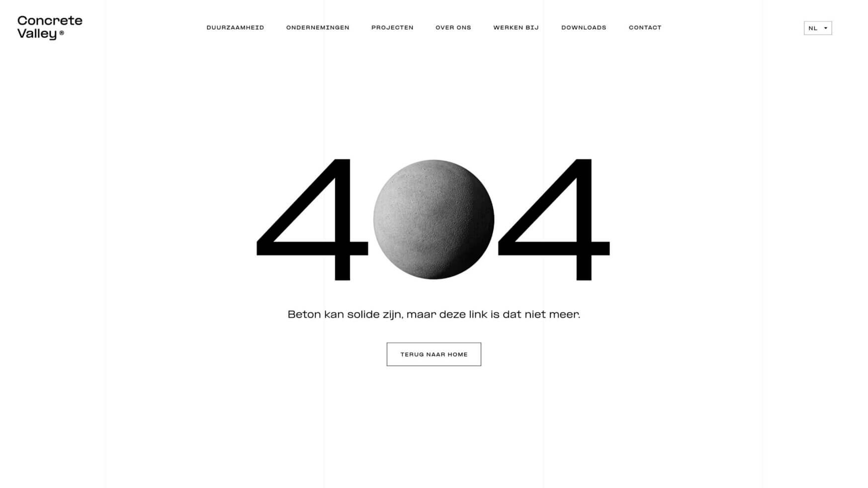 Strakke 404-pagina: grote zwarte cijfers, grijs bolvormig middenstuk en strakwitte achtergrond.