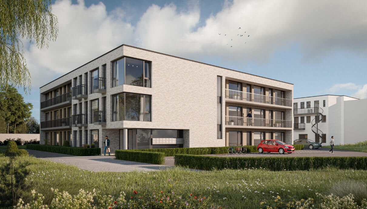 Modern bakstenen gebouw van 3 verdiepingen met grote ramen, gelegen tussen gras en bomen onder een bewolkte hemel.