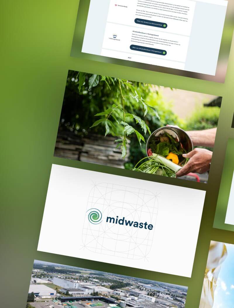 Duurzaamheidscollage: Weelderige tuin, logo van Midwaste, luchtfoto van afvalverwerkingsbedrijf.