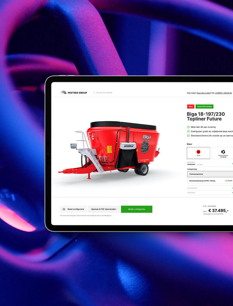 Tablet toont rode landbouwmachinepagina met prijs, groene knoppen op neonachtergrond.