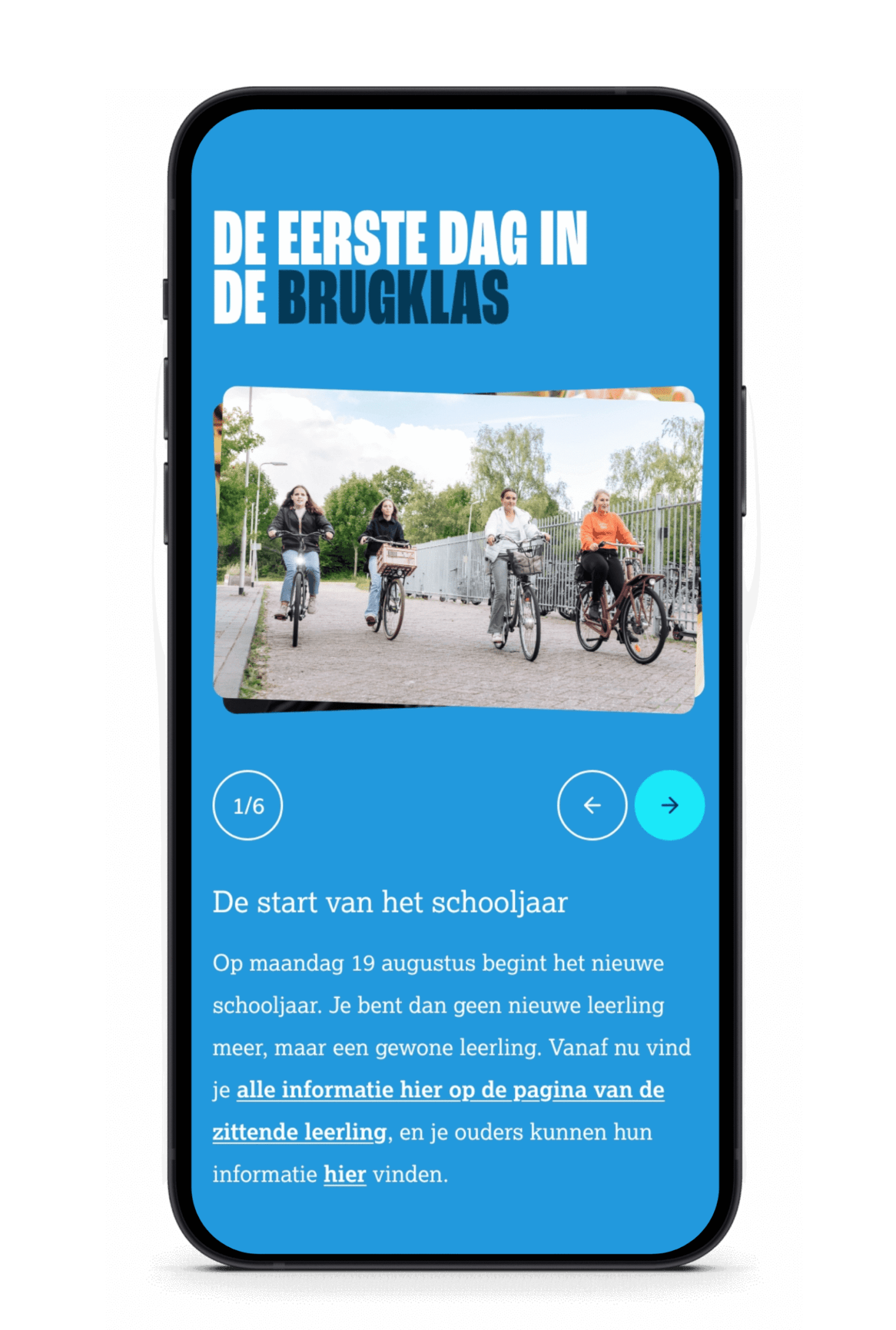 Smartphone toont fietsgroep met Nederlandse tekst over eerste schooldag.