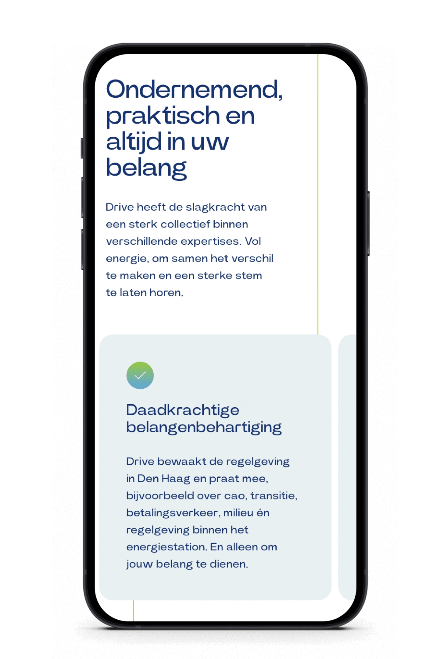 Smartphone toont Nederlandse tekst over proactief zijn en praktische beslissingen nemen.