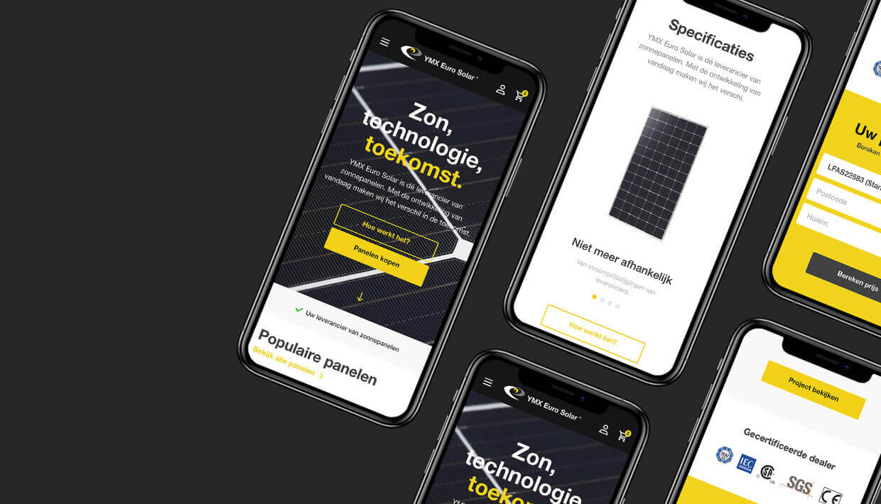 Vier smartphones tonen het YMX Euro Solar-terrein op een donkere achtergrond, wat de nadruk legt op strak design en innovatie.