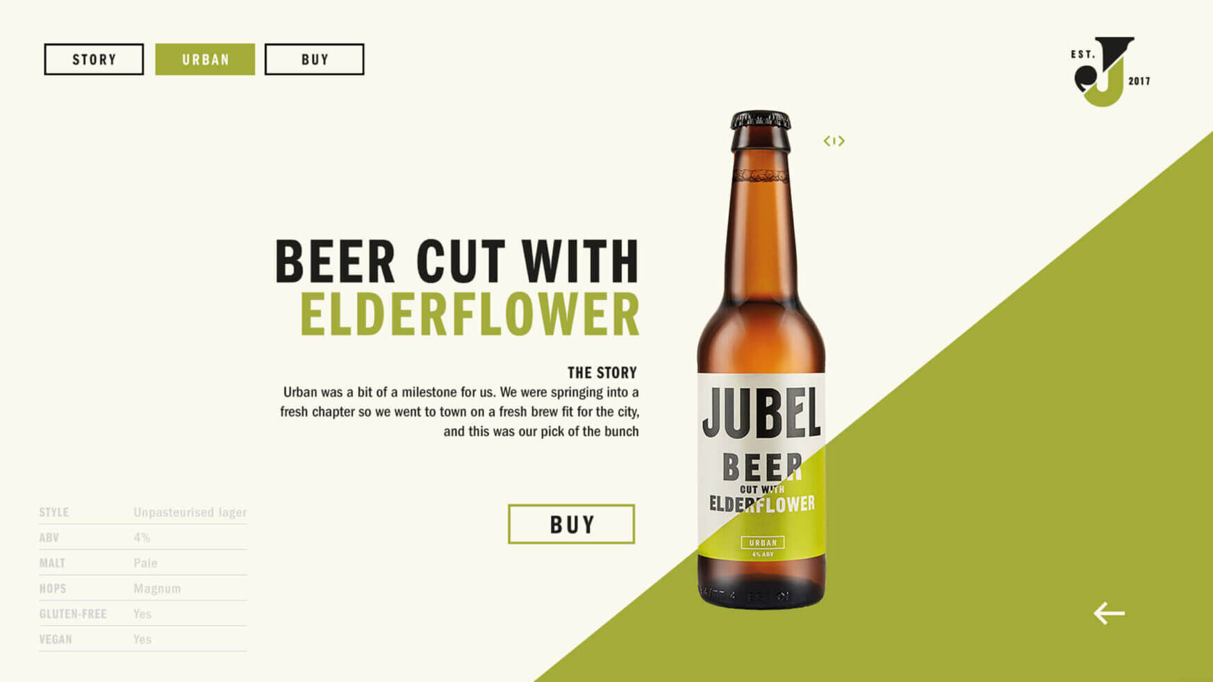 Jubel Bier "Cut with Elderflower" fles op een groen-witte achtergrond, klaar om te kopen.