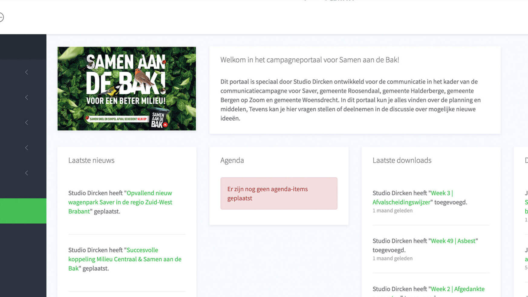 Schermafbeelding van een Nederlandse webapp met zijbalknavigatie, aankondigingen, agenda en downloads.