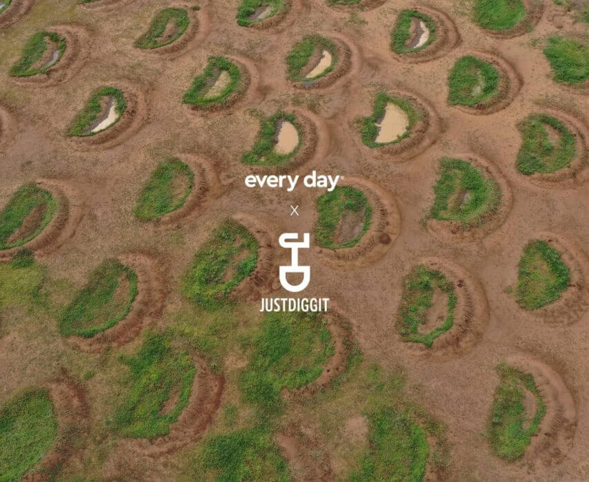 Luchtfoto: Droog terrein bezaaid met groene halve manen en plassen. Tekst: "Every Day" met een scheppictogram.