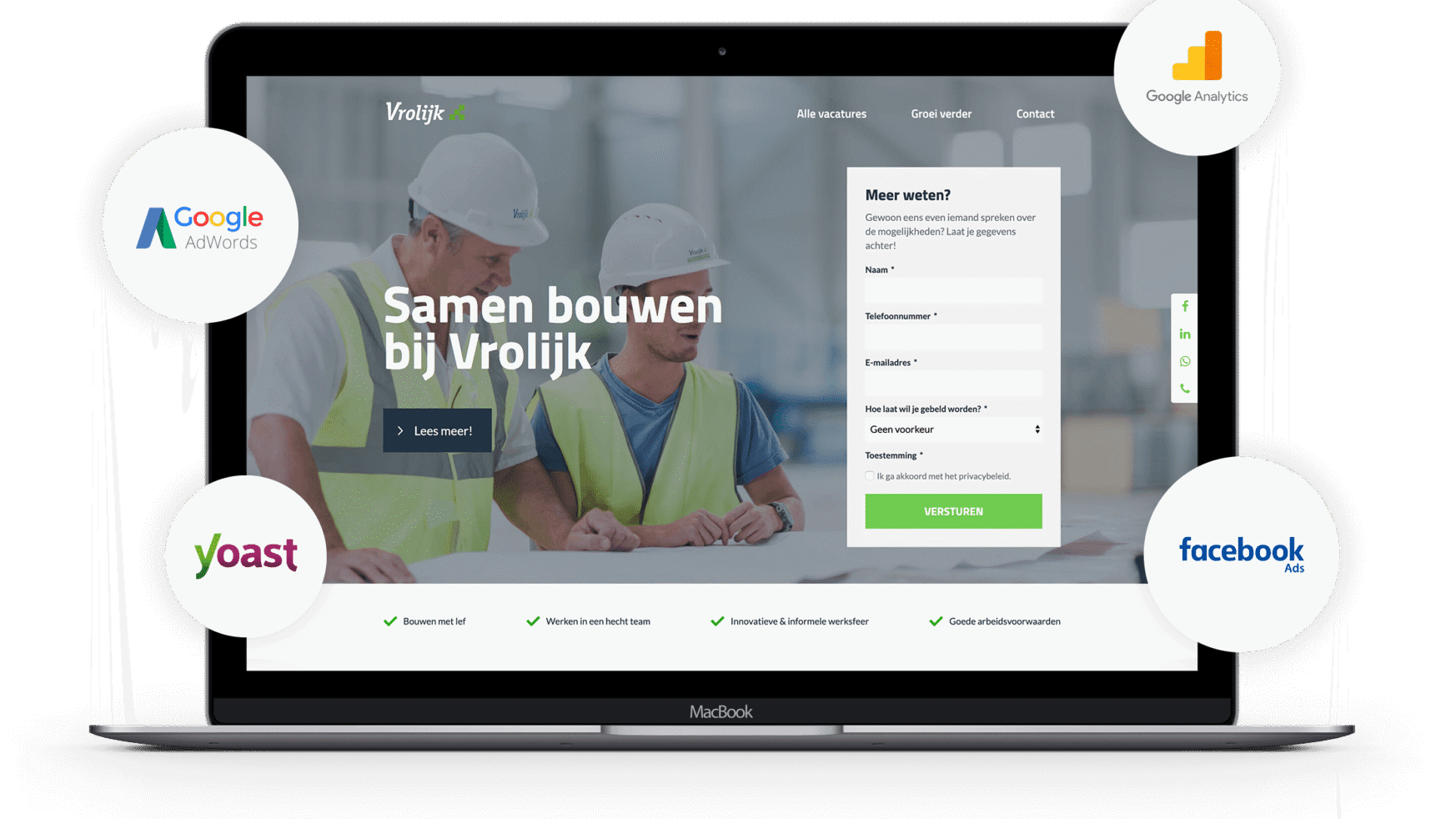 Op een laptop is de site van Bouwbedrijf Vrolijk te zien met logo's: Google Analytics, Google Ads, Yoast en Facebook Ads.