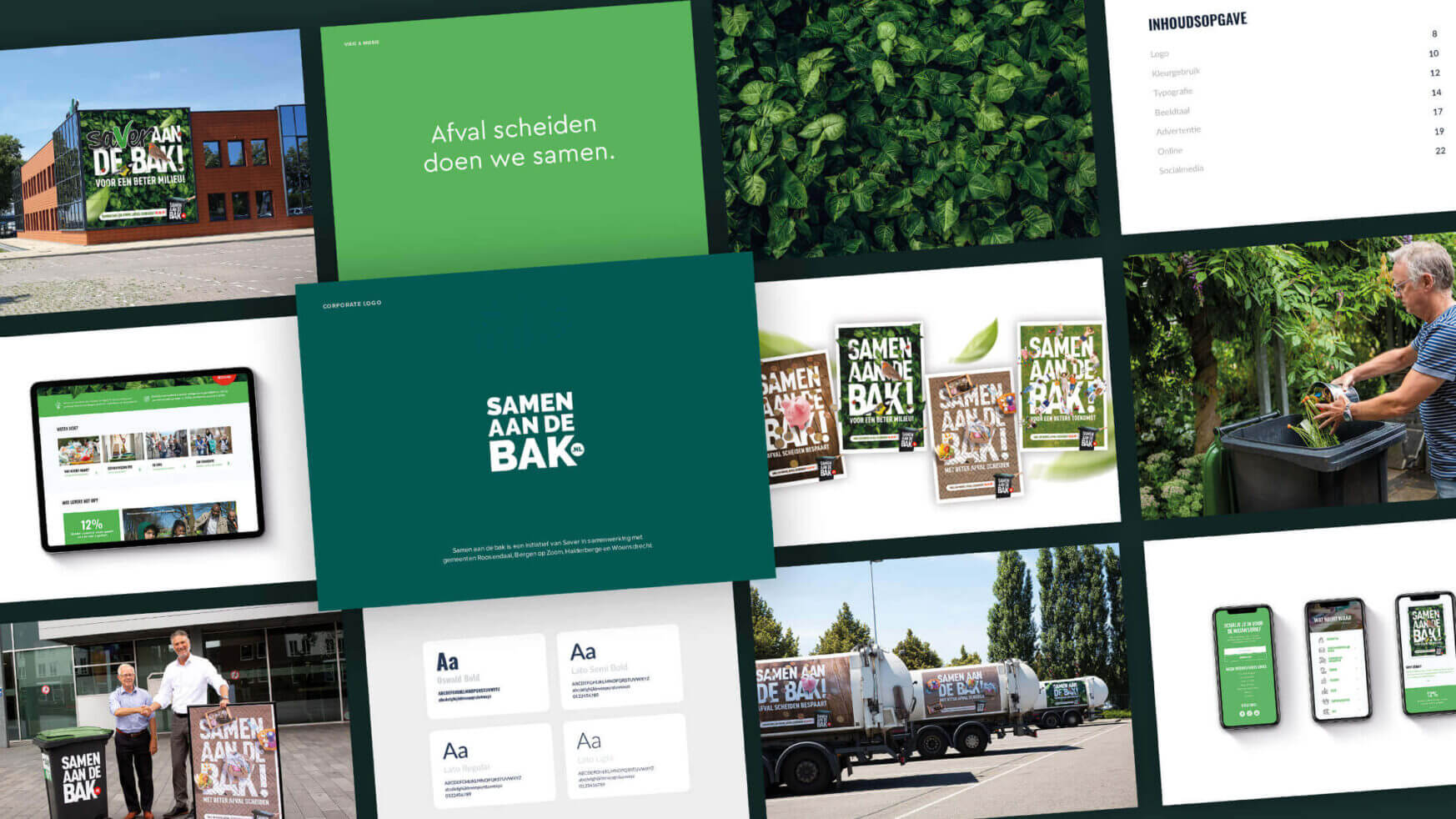 Collage van de afvalcampagne met een groen thema: posters van "Samen Aan De Bak!", ecologische site, levendige scènes over afvalinzameling.