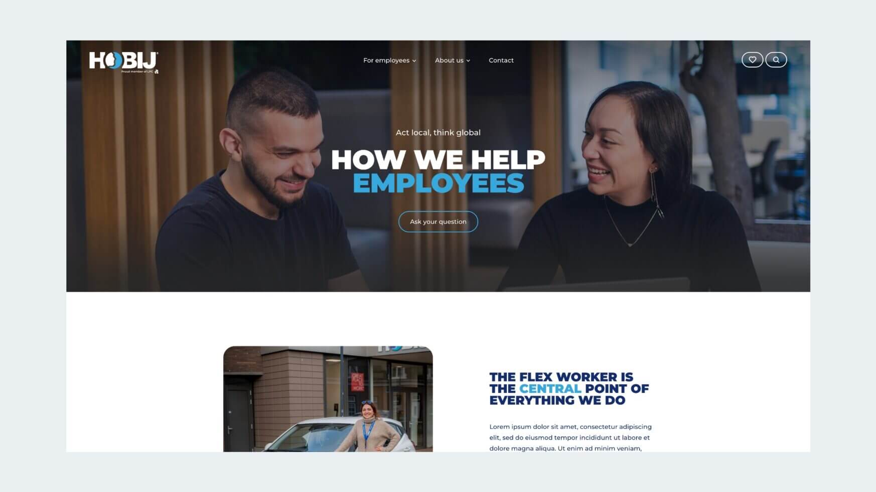 Twee mensen zitten aan een tafel te kletsen met de kop "Hoe wij werknemers helpen" op de homepage van HOBIJ.