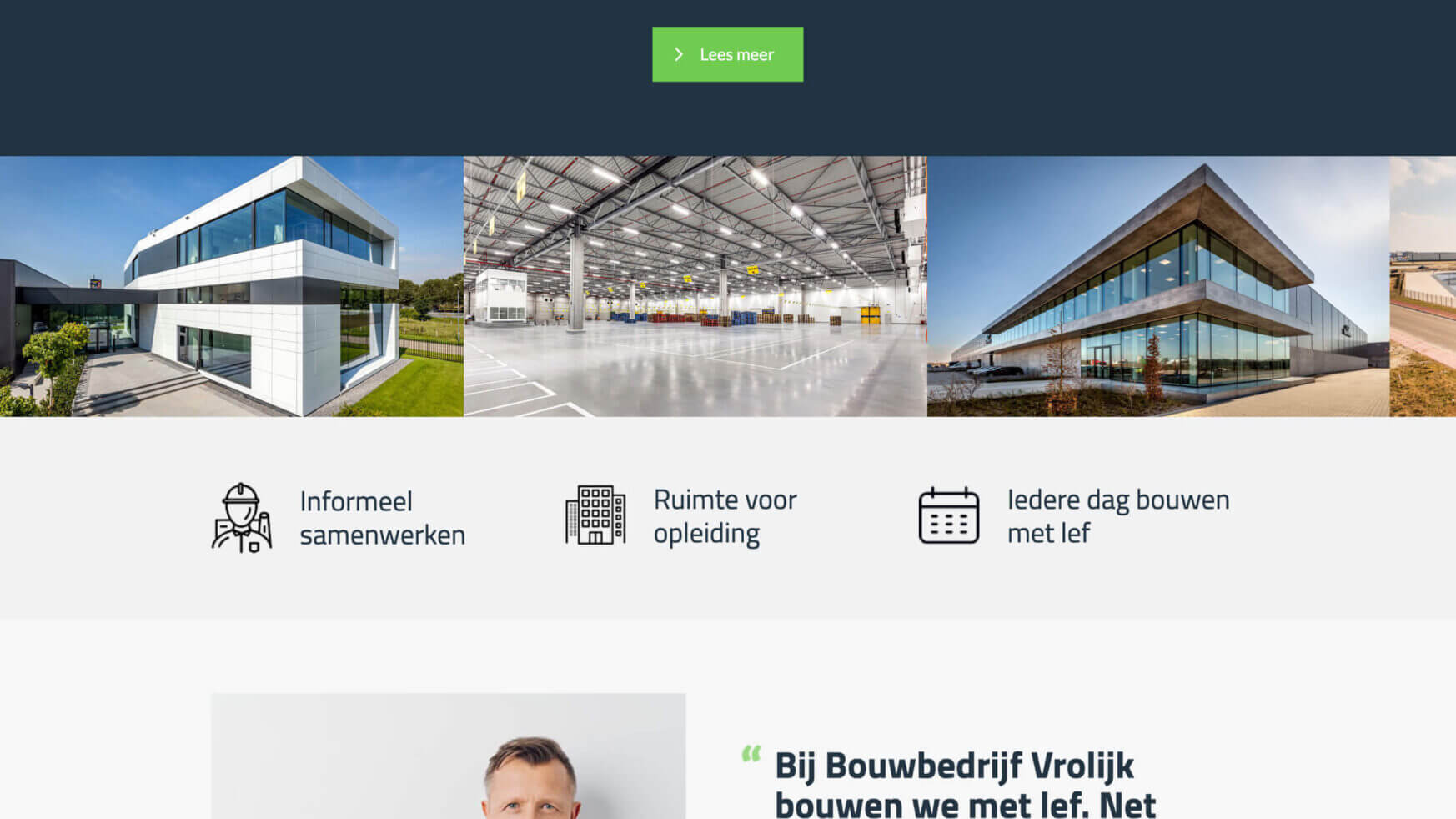 Moderne ruimtes voor samenwerking en leren van Bouwbedrijf Vrolijk. Elke dag bouwen we met lef!.