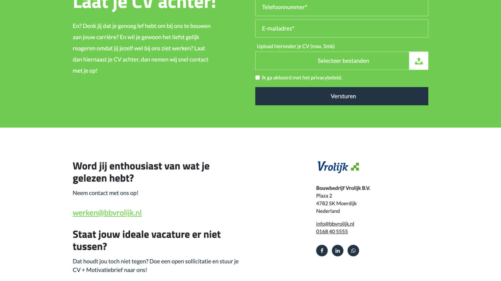Functievorm: Bouwbedrijf Vrolijk. Velden: Naam, Telefoon, E-mailadres, CV-upload. Knop Verzenden. Contactgegevens hieronder.