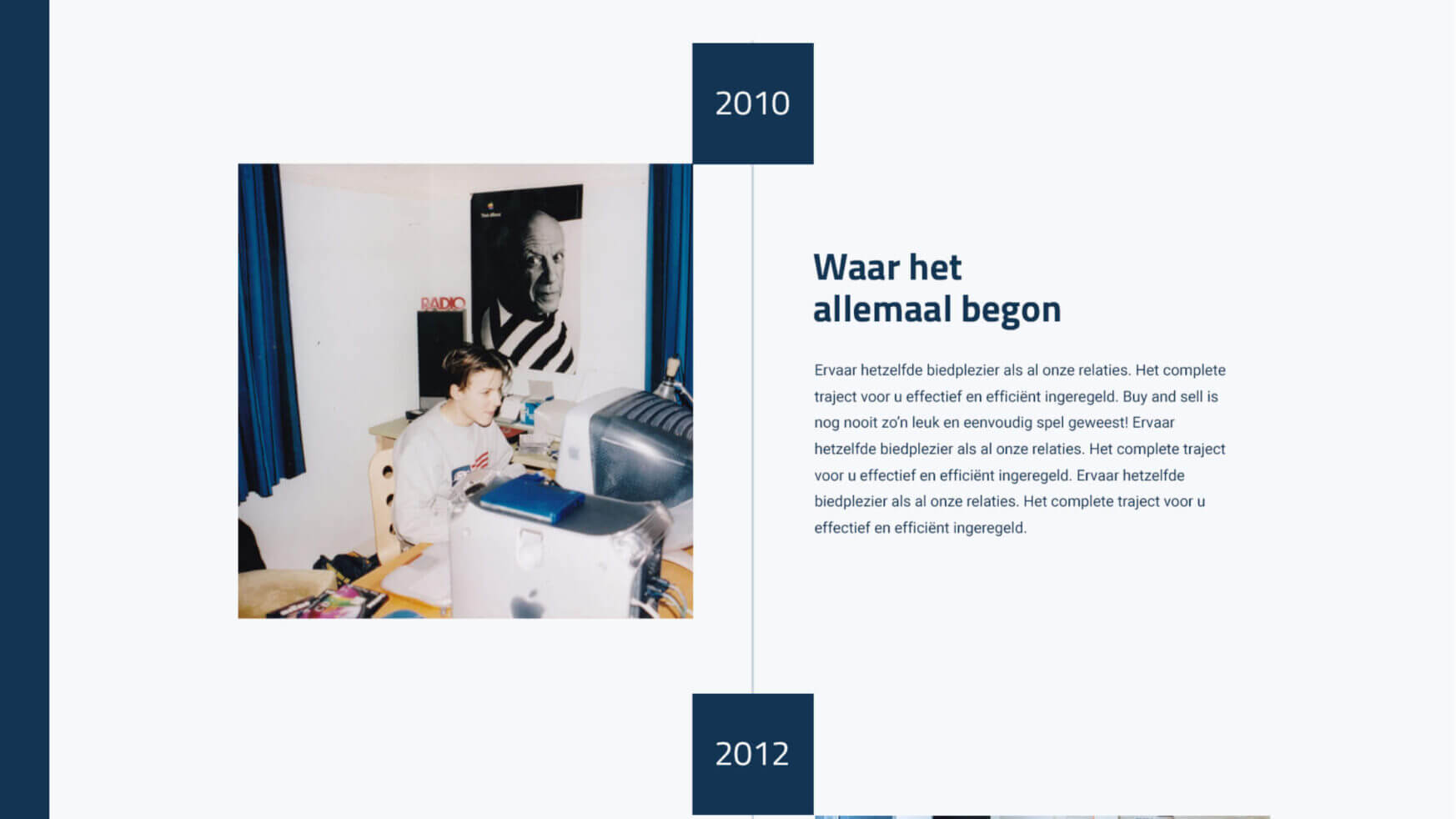 Een gebruiker achter een oude computer, met de tijdlijn 2010-2012 zichtbaar, mijmert nostalgisch, net als een autoliefhebber met oldtimers.