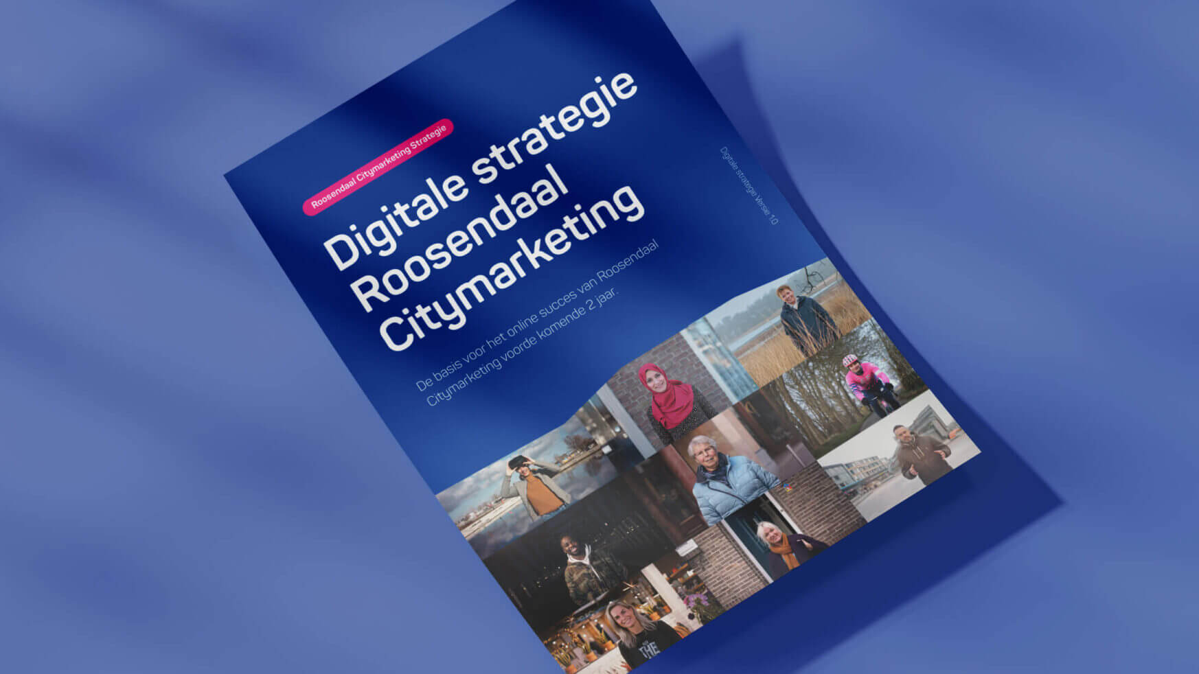 Digitale Strategie Roosendaal Citymarketing cover: Mensen- en natuurfoto's op een blauwe achtergrond.