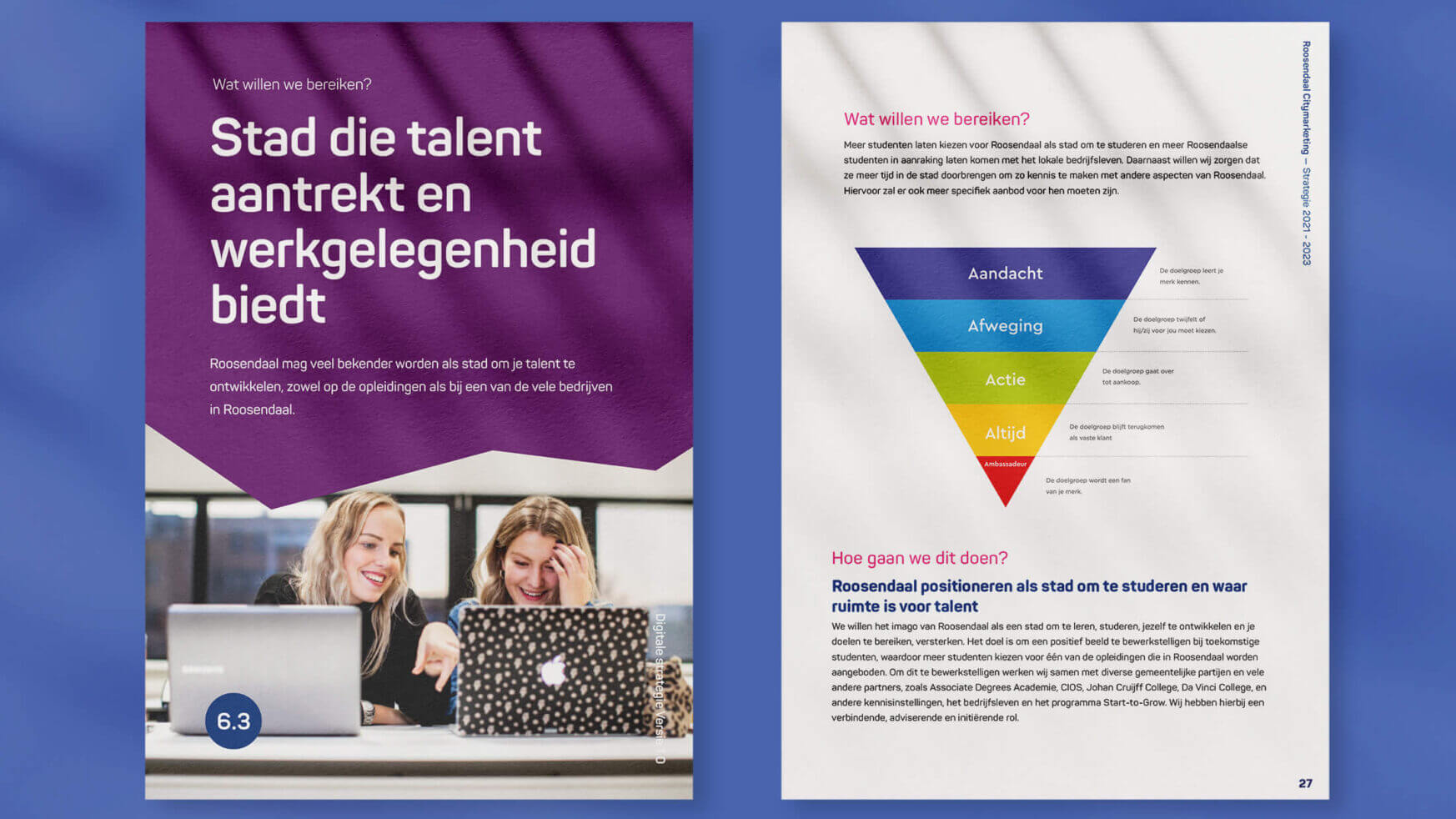 Links: Tekst en lachende mensen met laptops. Rechts: Kleurrijke piramidegrafiek.