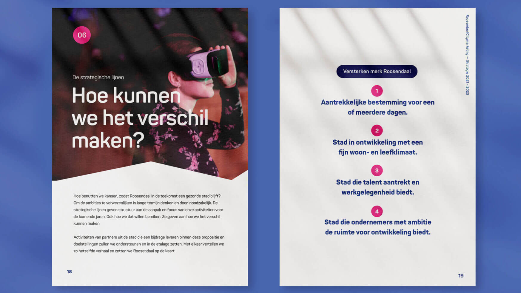 Blauwe brochure: Strategieplannen Roosendaal - innovatieve, duurzame groei. Grafische weergave binnenin.