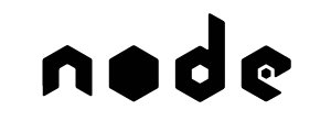 Zwarte geometrische vormen vormen het woord "node" op een witte achtergrond.
