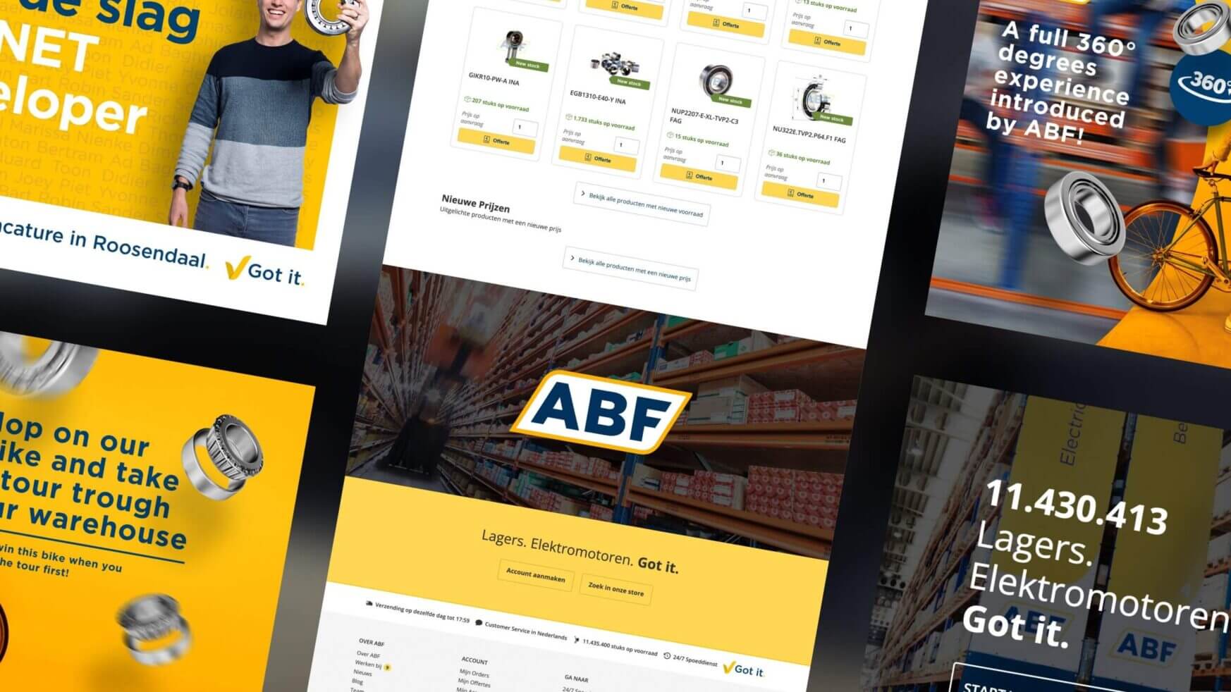 Op de webpagina's van ABF worden producten en slogans getoond in opvallend geel en wit, waardoor het merk ABF in de schijnwerpers wordt gezet.