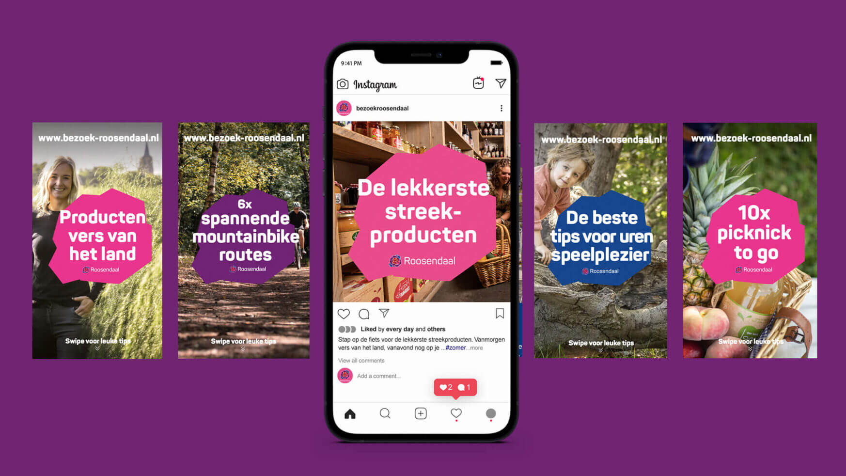 Nederlandse toeristische promotie op posters en mobiele schermen, tegen een paarse achtergrond.