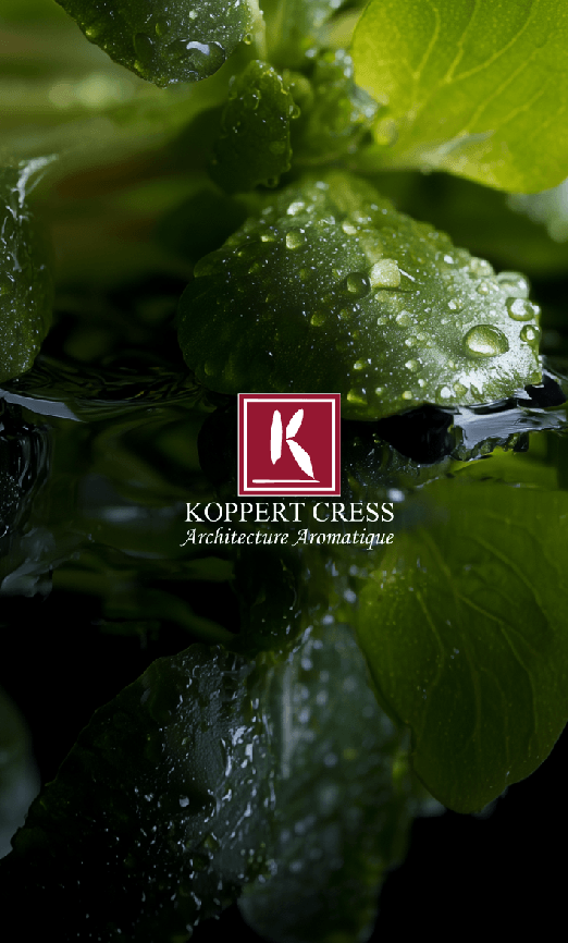 Verse groene bladeren met waterdruppels en het Koppert Cress logo in het midden.
