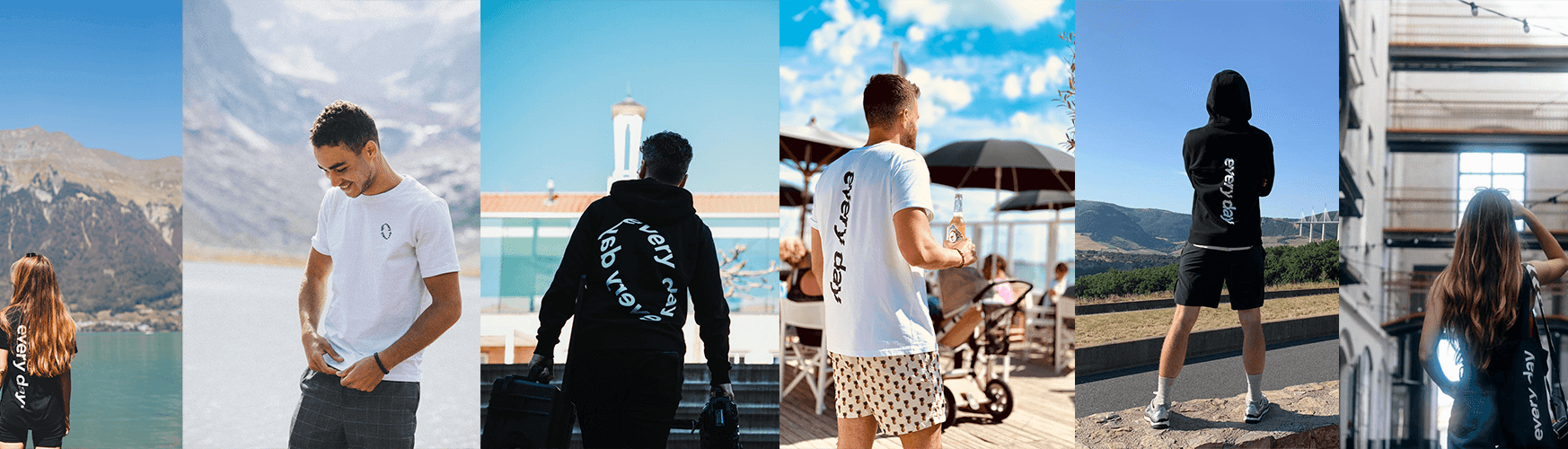 Een collage van mensen op mooie plekken, gekleed in casual T-shirts en hoodies.