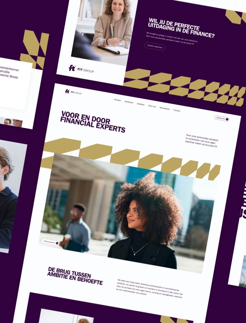 Financiële sitecollage voor FIT Group: mensen, geometrische patronen, Nederlandse tekst, paarse achtergrond.