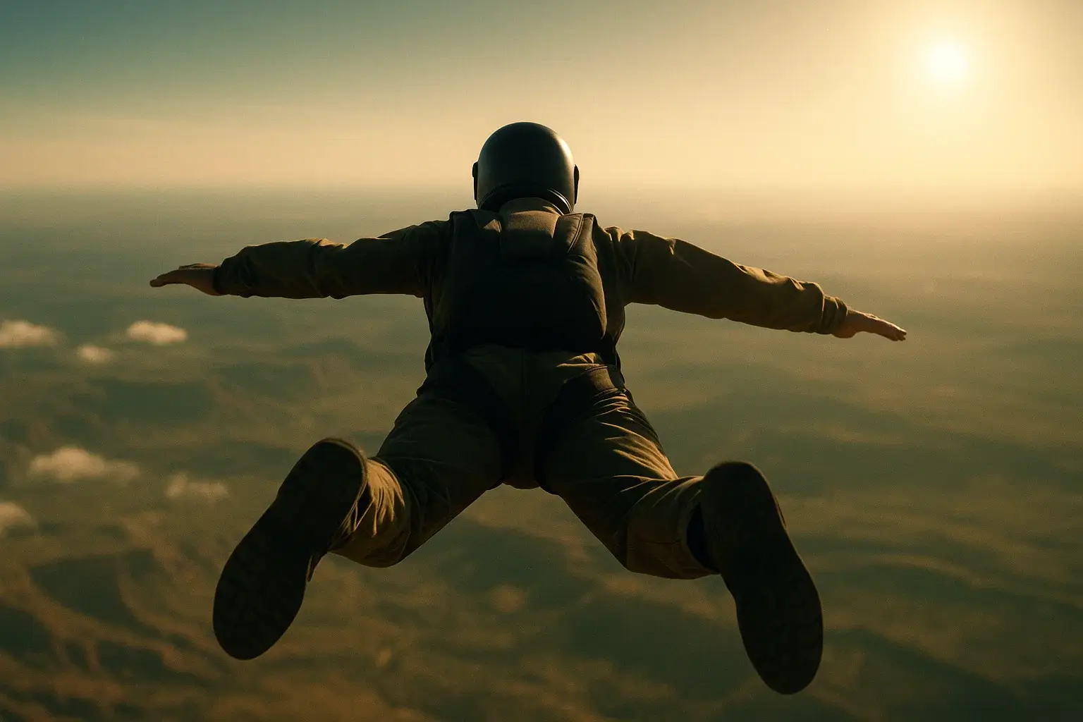 Skydiver met helm en pak maakt vrije val, armen uitgestrekt, boven een schilderachtig landschap bij zonsondergang.