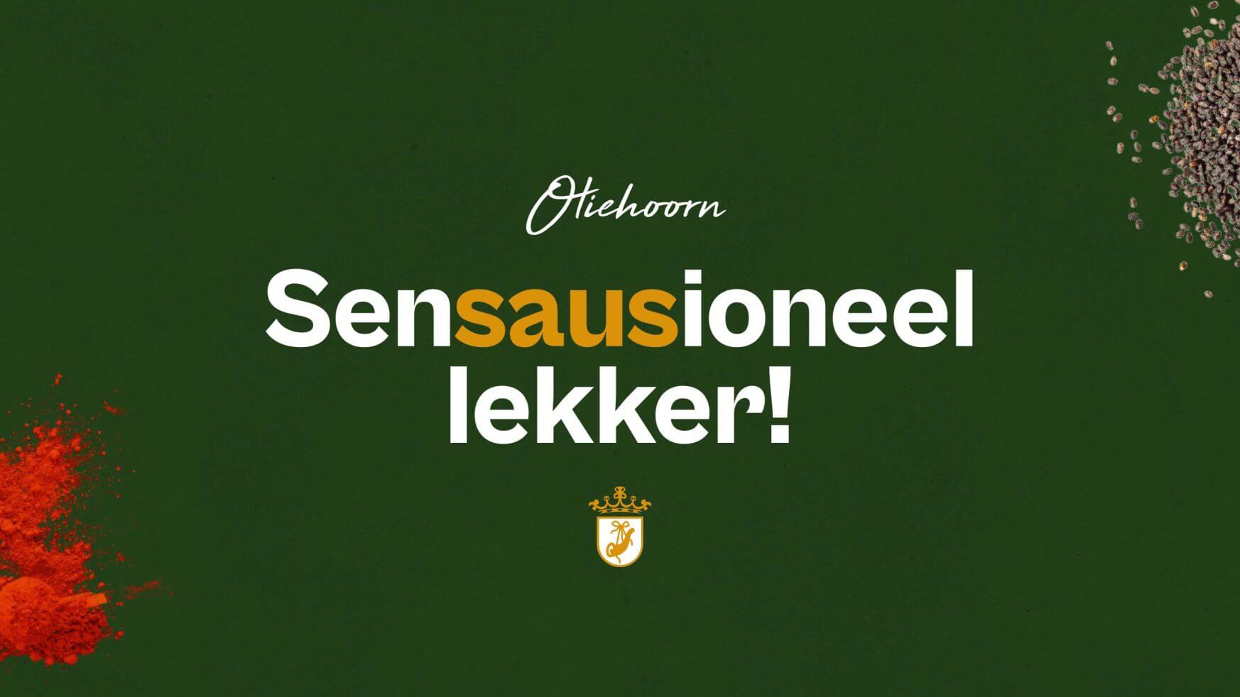 Donkergroene achtergrond, "Sensausioneel lekker!" in vet wit en oranje, kruiden flankeren beide zijden.