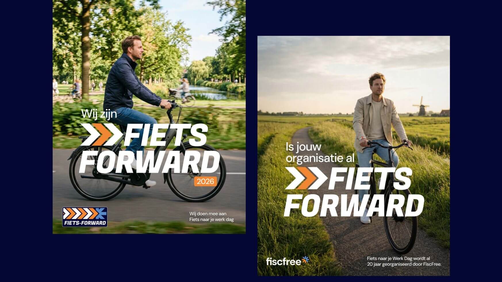 Posters tonen mannen die buiten fietsen, elk met de Nederlandse zin "Fiets Voorwaarts" erop.