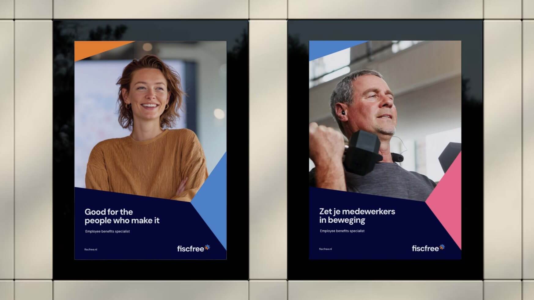 Op twee posters staan een lachende vrouw en een man die halters optillen, met motiverende quotes en het fiscfree-logo.