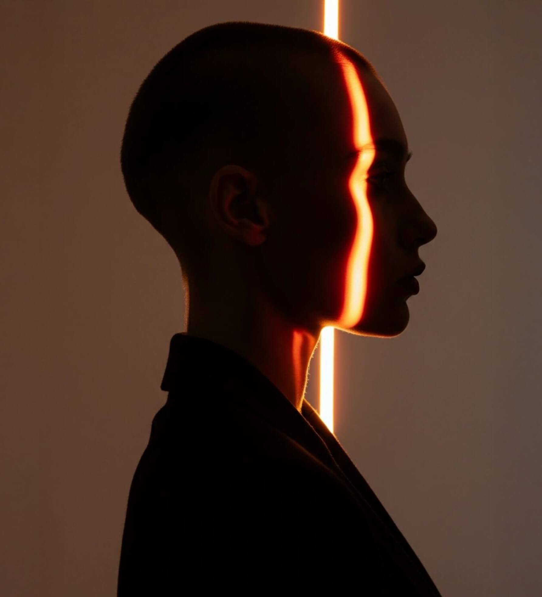 Silhouet van een persoon verlicht door een dunne verticale straal op zijn gezicht in de duisternis, wat rustige dagelijkse introspectie oproept.