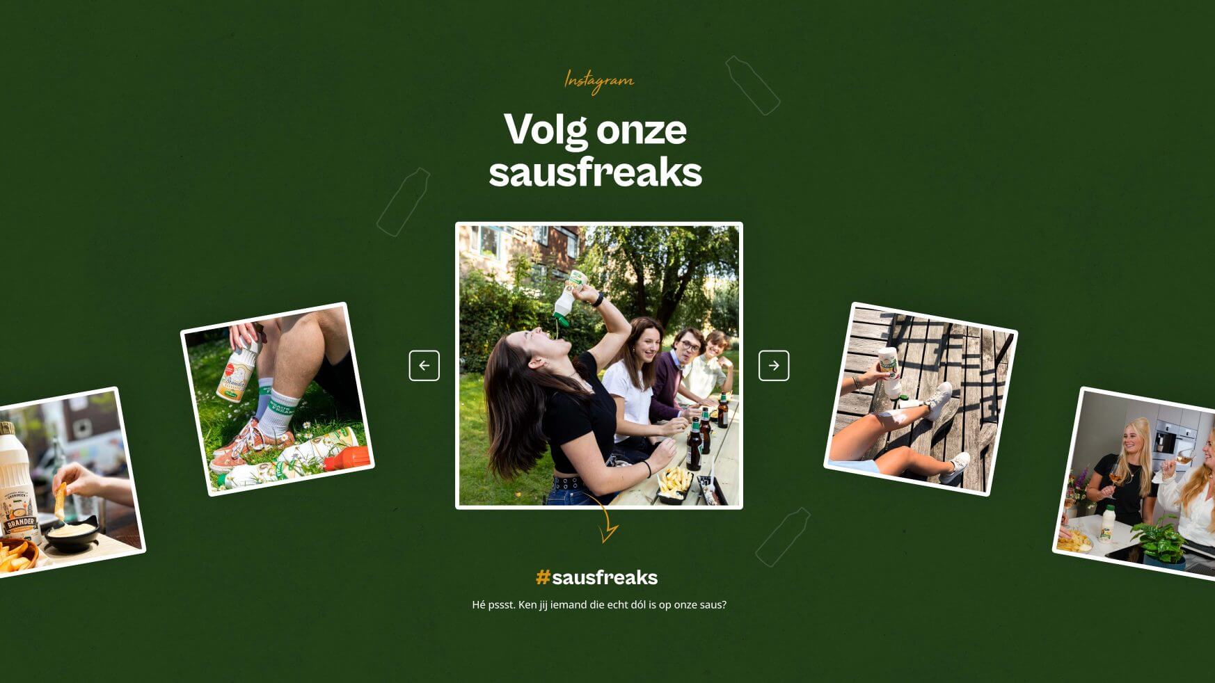 Collage van mensen die binnen en buiten eten met sausflessen en "Volg onze worstfreaks" tekst.